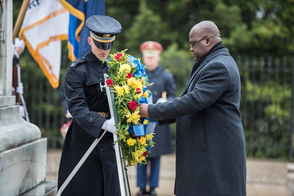 Félix Tshisekedi, President of the Democratic Republic of the Congo, lays a wreath at an official ceremony